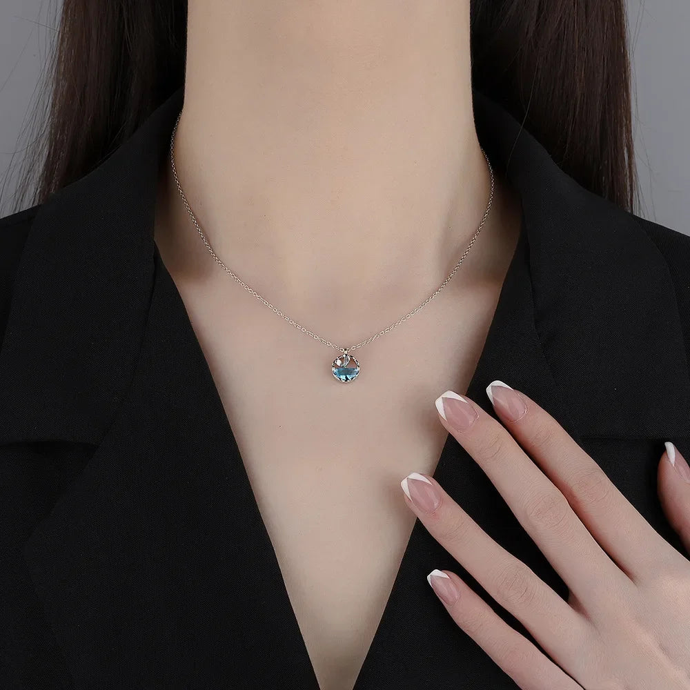 S925 Sterling Silver Mermaid Blue Gemstone Pendant Necklace Jewelry