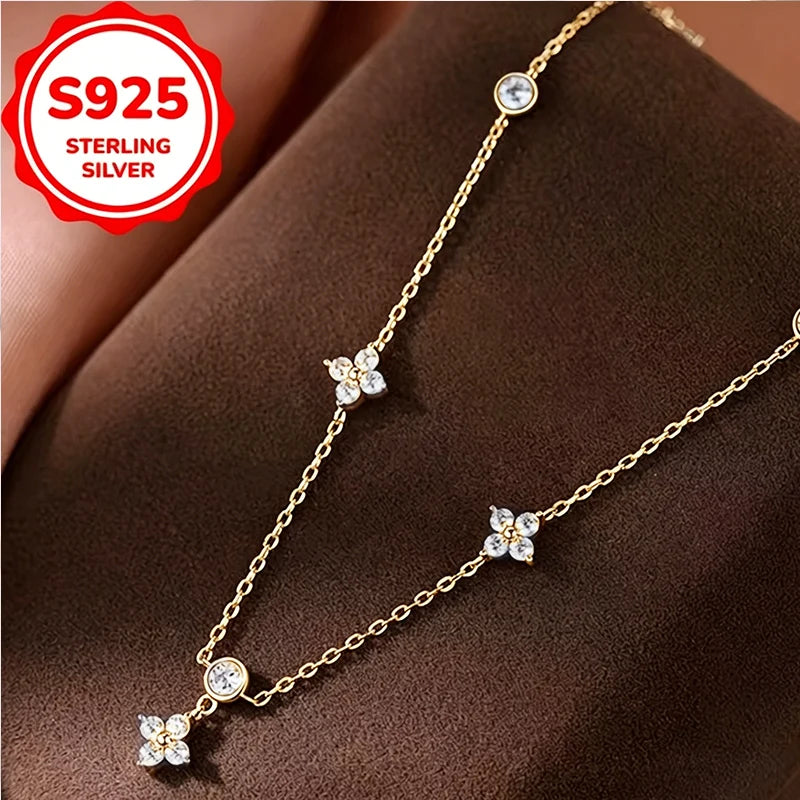 S925 Sterling Silver 14K Gold Plated CZ Choker Necklace Dainty Starburst Chain Jewelry