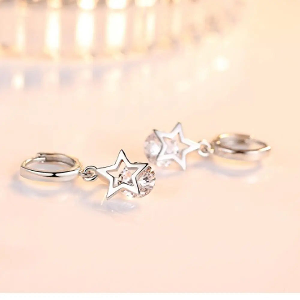 New 925 Sterling Silver Zircon Crystal Star Charm Stud Earrings Fine Jewelry