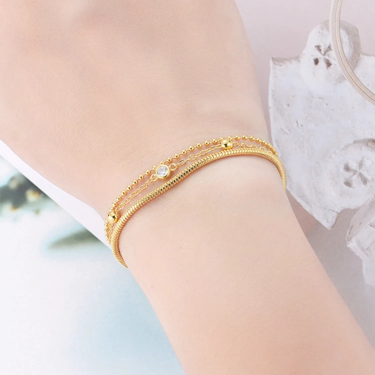 925 Sterling Silver Three Layers Bracelet Chain Link  Jewelry