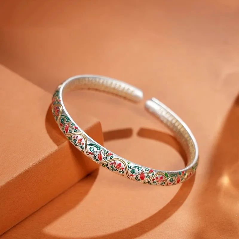 Sterling Silver 925 Flower Charm Cuff Bangle Bracelet Exquisite Jewelry