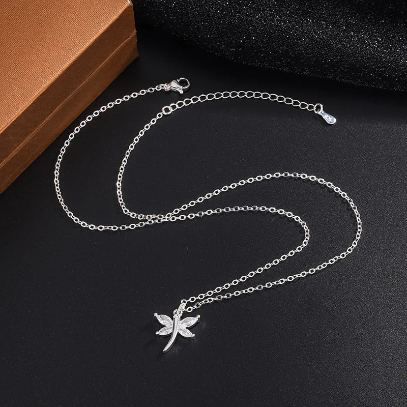 Fine 925 Sterling Silver Crystal Dragonfly Pendant Exquisite Necklace