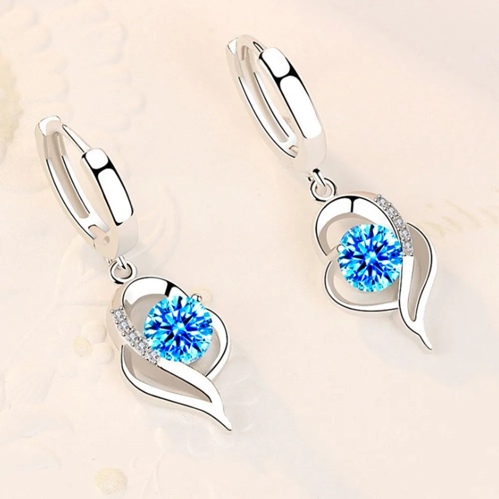 925 Sterling Silver Fashion Jewelry High Quality Blue Pink White Purple Crystal Zircon Earrings