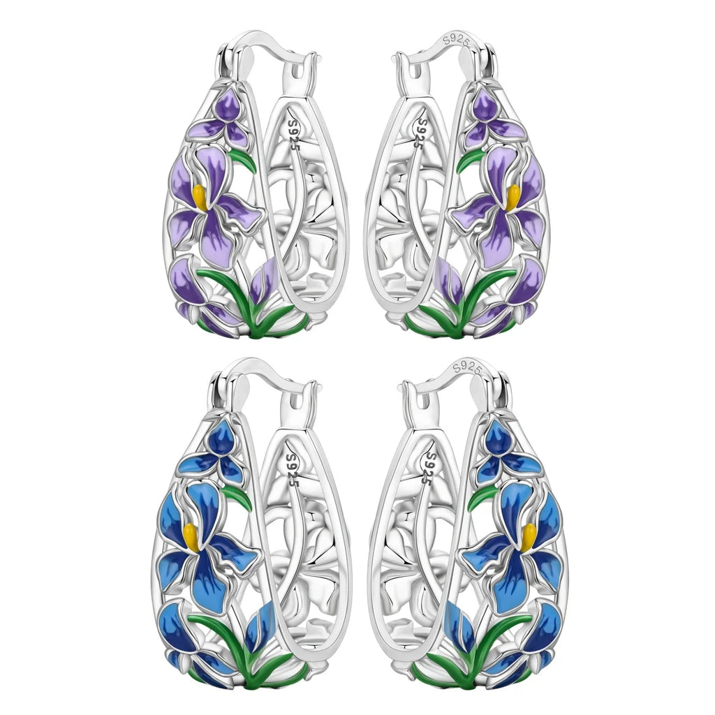 New S925 Sterling Silver Pure Zircon Blue Purple Flower Iris Earrings Fine Jewelry