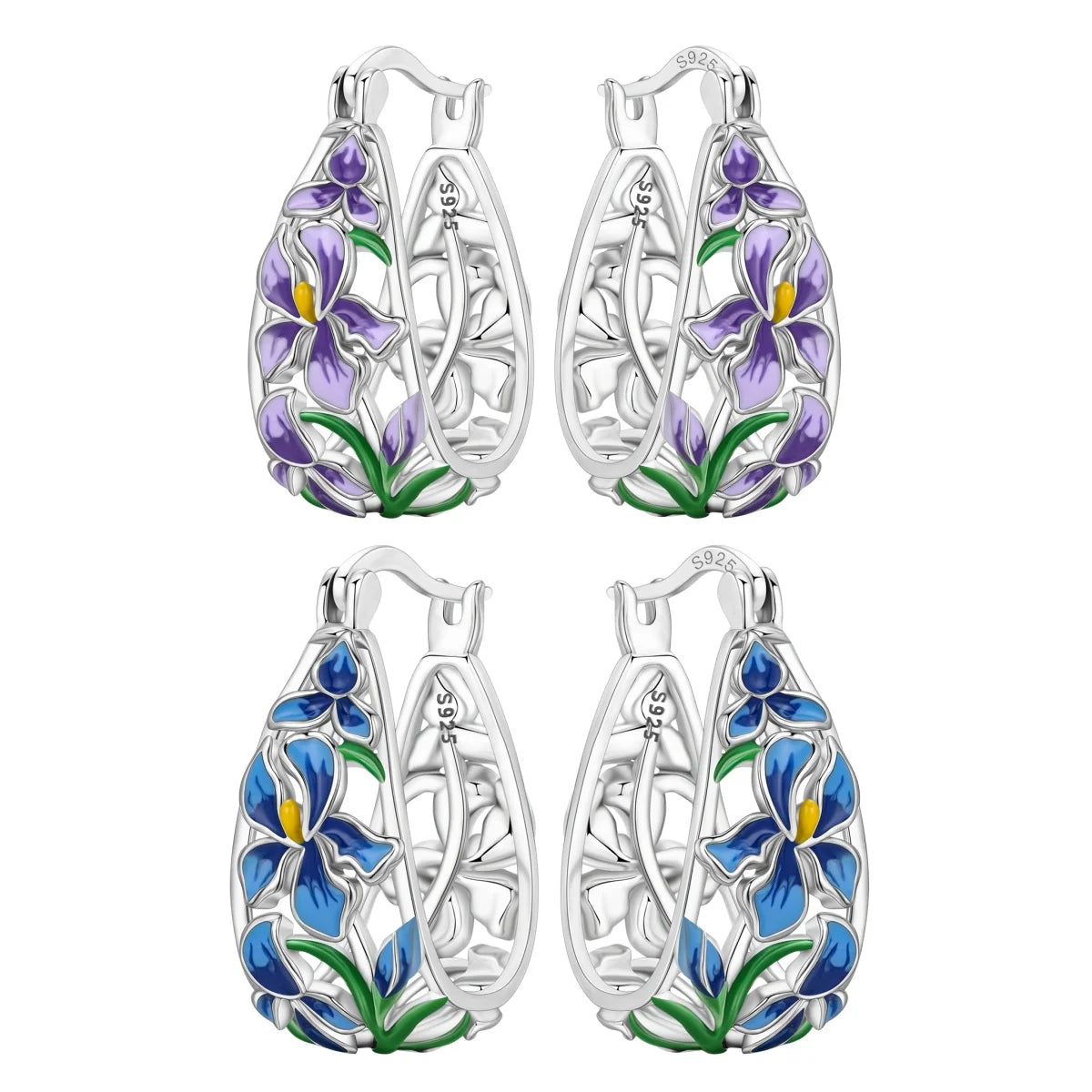 New S925 Sterling Silver Pure Zircon Blue Purple Flower Iris Earrings Fine Jewelry