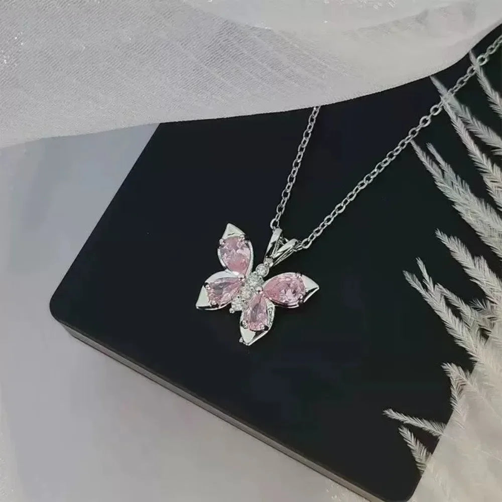 Stainless Steel Pink Zircon Crystal Pendant Butterfly Necklace Chain Gold Silver Color Necklace Jewelry