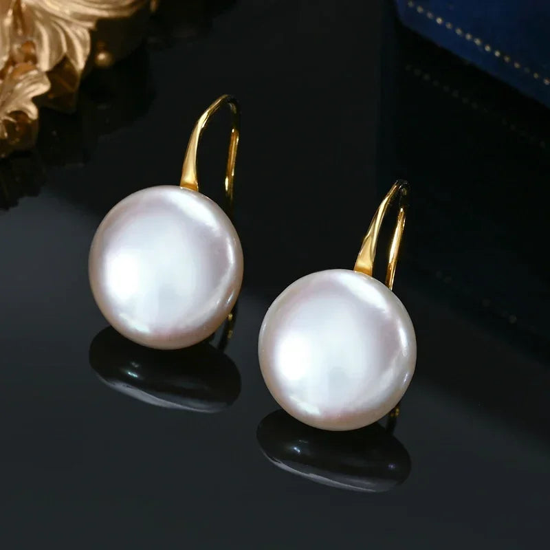 Natural Freshwater 11-13Mm White Button Shape Baroque Pearl Earring 925 Sterling Silver Ear Hook Jewelry