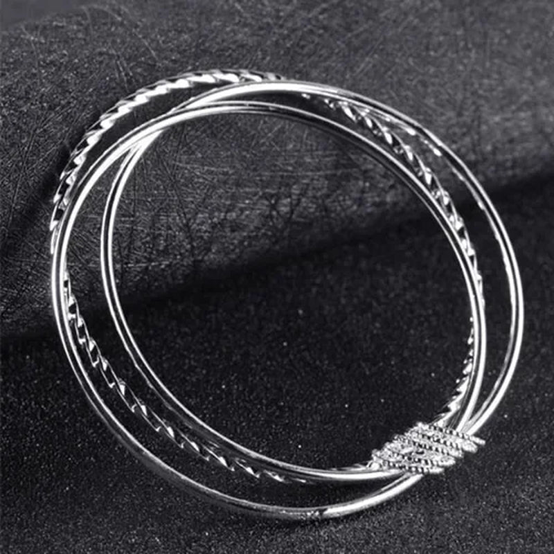 Pure 925 Sterling Silver Fine Three Circles Bangle Bracelet Jewelry