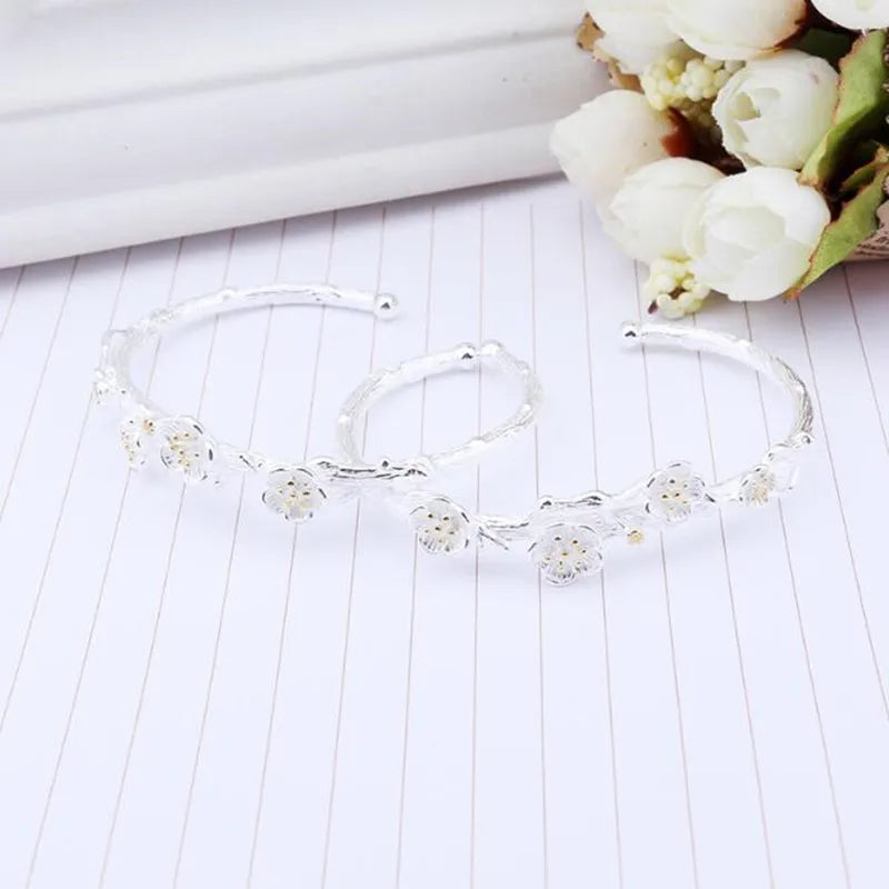 New 925 Sterling Silver Jewelry Exquisite Cherry Flower Blossom Branches Bracelet