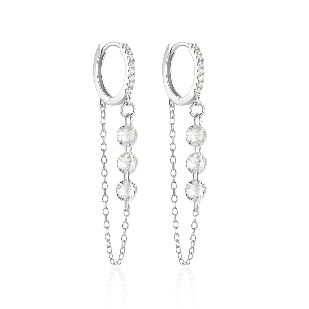 925 Sterling Silver Three Zircon Drop Long Chain Gold Hoop Buckle Piercing Earrings Jewelry