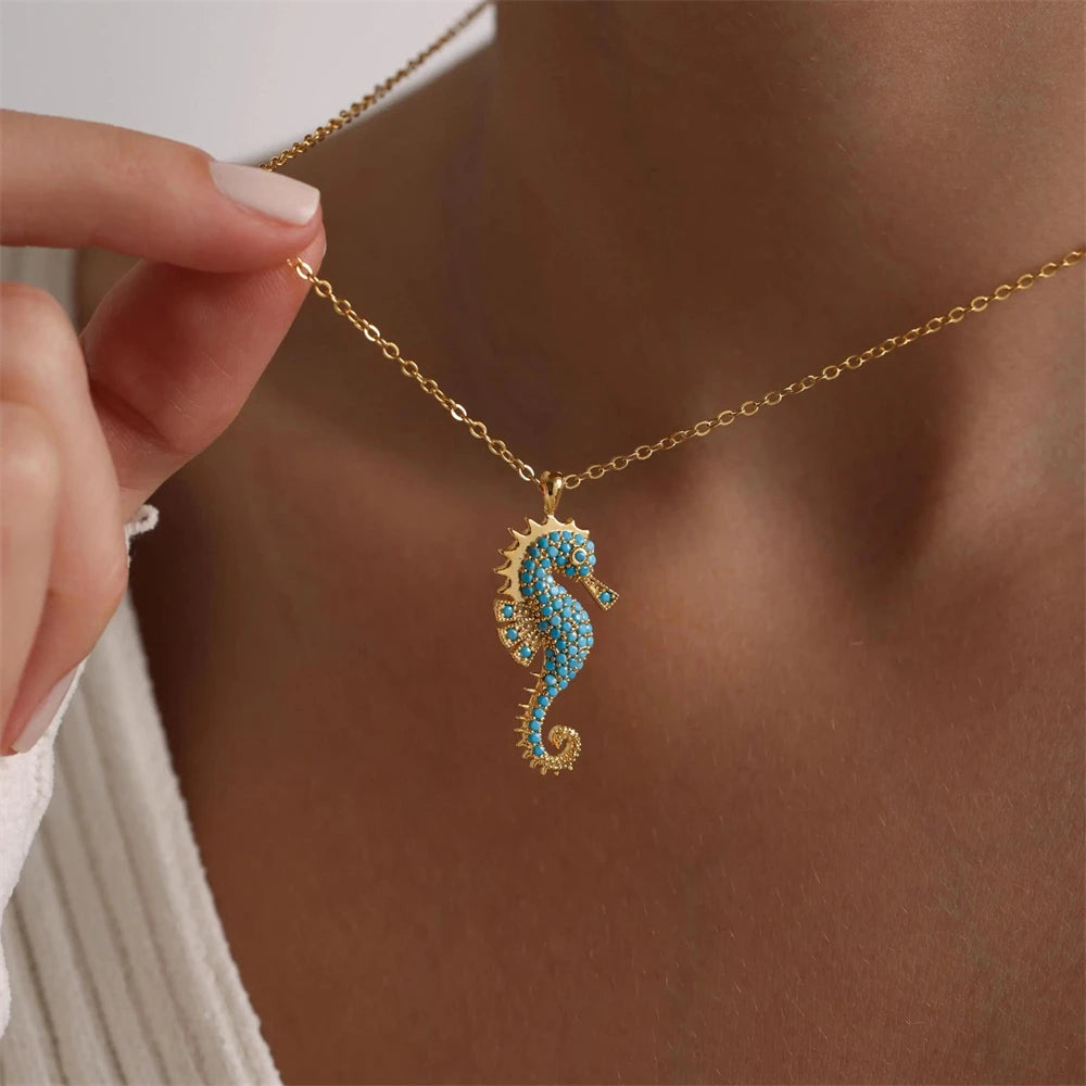 Turquoise Seahorse Pendant Necklace for Women 18K Gold Plated Stainless Steel Ocean Animal Choker Boho Summer Beach Jewelry Gift