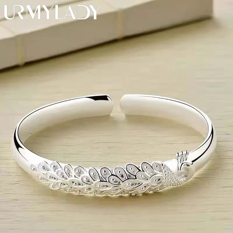 New 925 Sterling Silver Elegant Peacock Opening Bangle Bracelet Jewelry