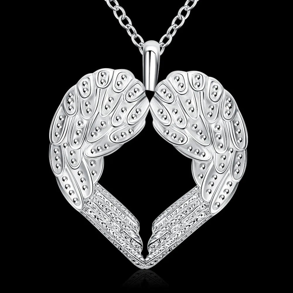 Fine 925 Sterling Silver Chain Heart Angel Wings Pendant Necklace Jewelry
