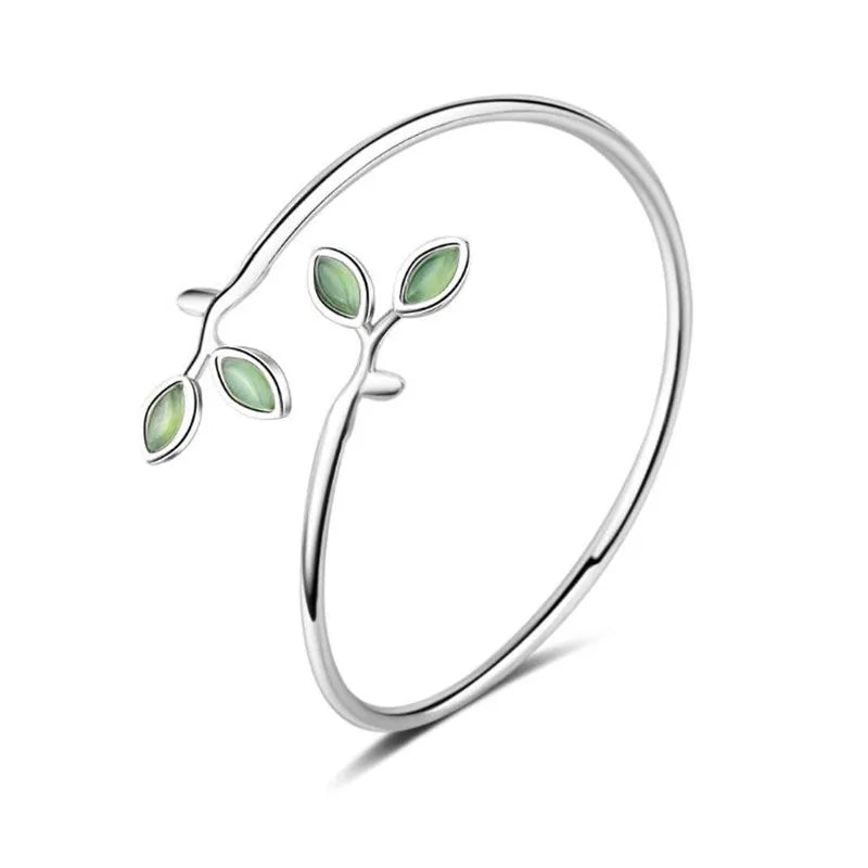  Exquisite 925 Sterling Silver Pure Zircon Bangle Bracelet Leaves Adornment Fine Jewelry