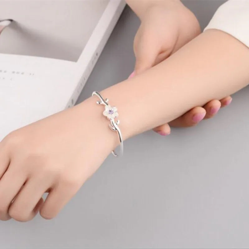 New 925 Sterling Silver Crystal Cherry Flowers Bracelet Fine Jewelry