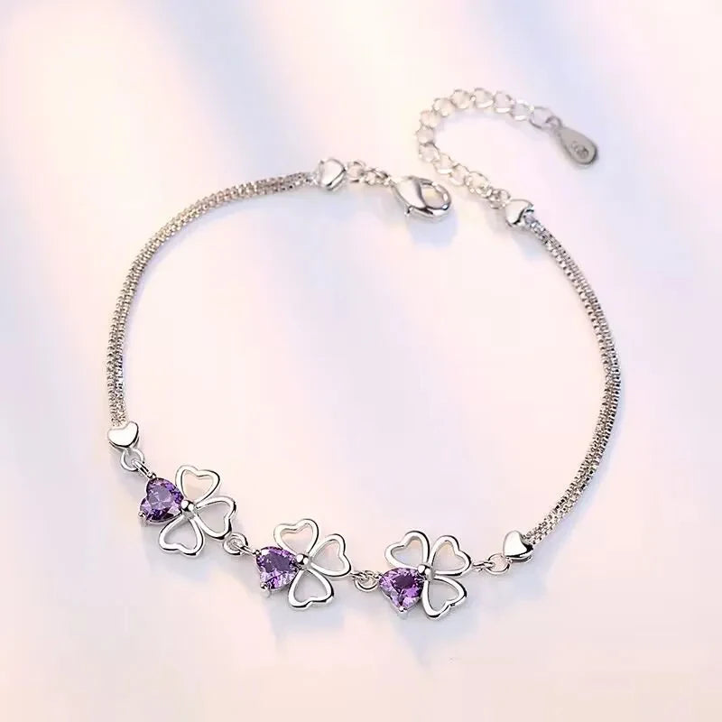 NEW Fine 925 Sterling Silver Purple Zircon Crystal Lucky 4 Leaf Clover Bracelet