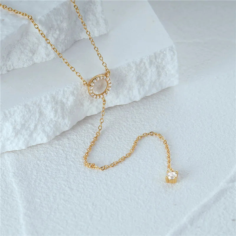 S925 Sterling Silver Double-Deck Circle Zircon Pendant Long O-Chain Choker Necklace Fine Jewelry