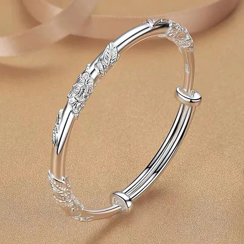 New 925 Sterling Silver Delicate Flowers Bangle Bracelet