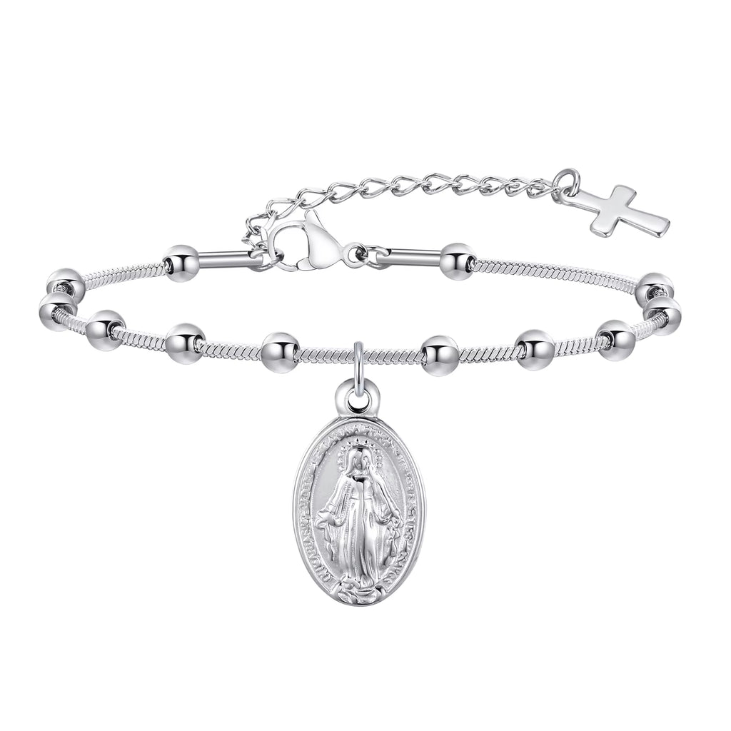 Stainless Steel 18k Gold Plated Rosary Bracelet Religious Cross and Virgin Mary Prayer Bracelet