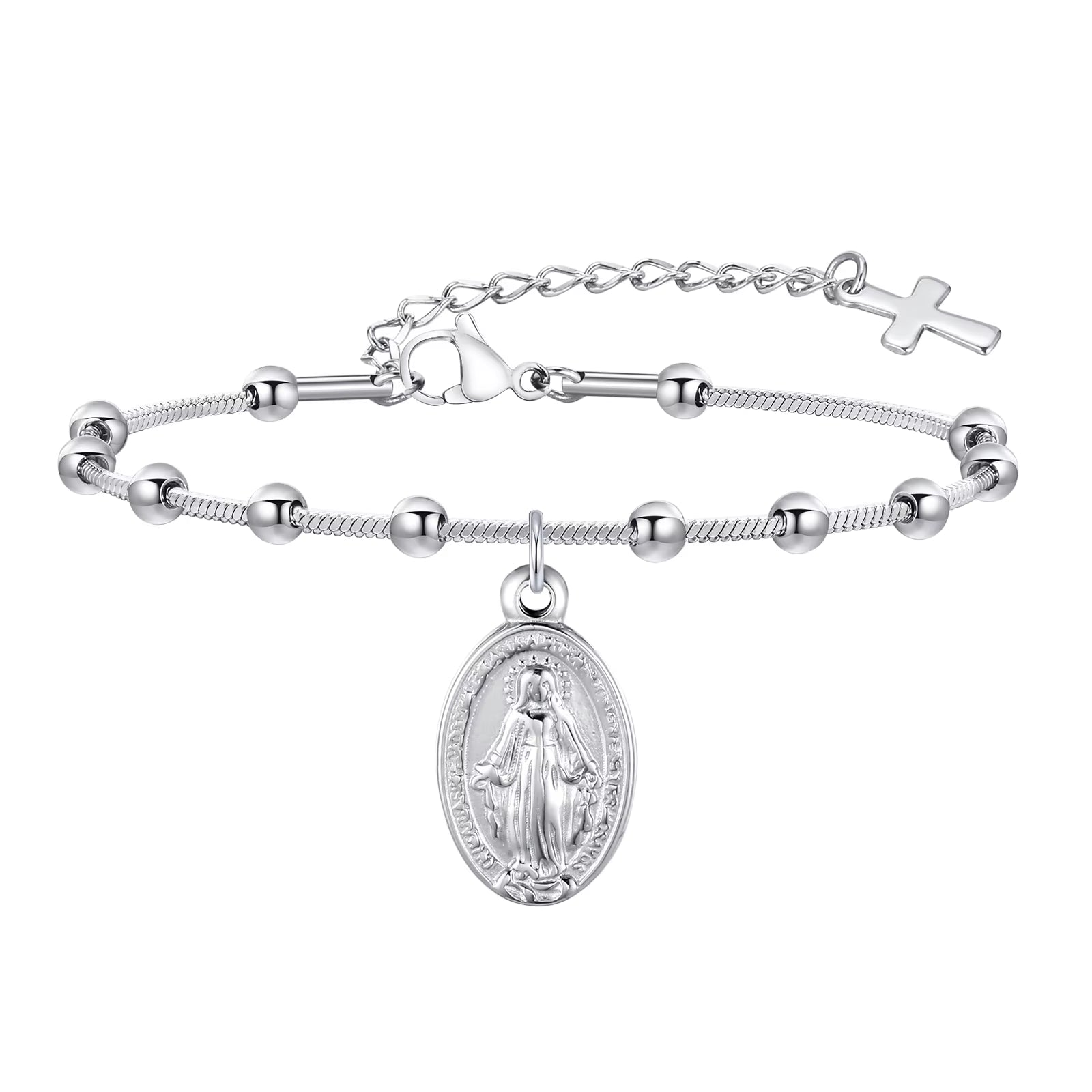 Stainless Steel 18k Gold Plated Rosary Bracelet Religious Cross and Virgin Mary Prayer Bracelet