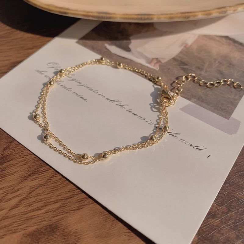 Fashionable 925 Sterling Silver Gold Small round Bead Bracelet Double-Layer Bracelet Jewelry Gift