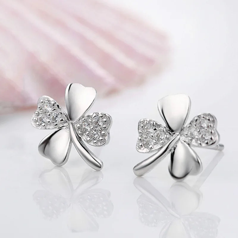 New 925 Sterling Silver Zircon Lucky 4 Leaf Clover Stud Earrings Fine Jewelry