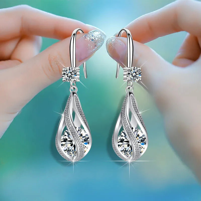 Fine 925 Sterling Silver Luxury Crystal Zircon Earrings Charms Jewelry Gift