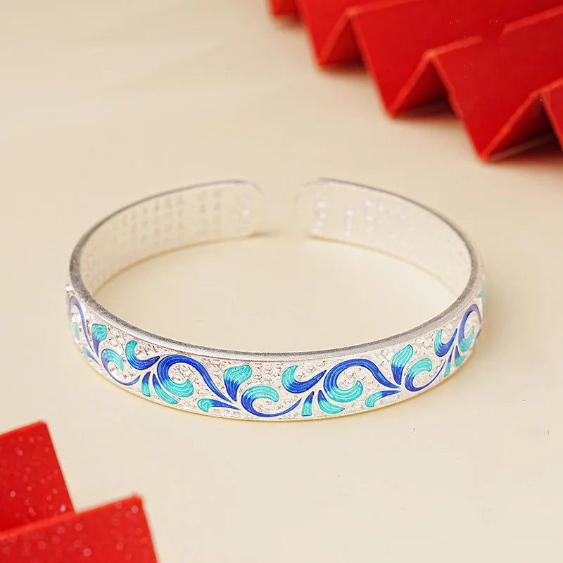 New Sterling Silver 925 Blue Green Enamel Roll Pattern Bangle Cuff Bracelet