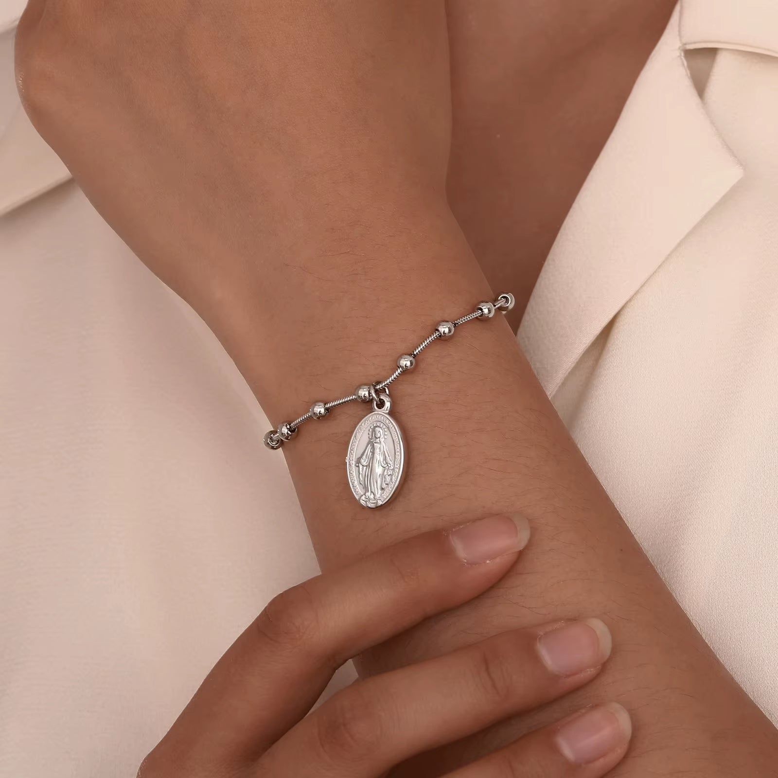 Stainless Steel 18k Gold Plated Rosary Bracelet Religious Cross and Virgin Mary Prayer Bracelet