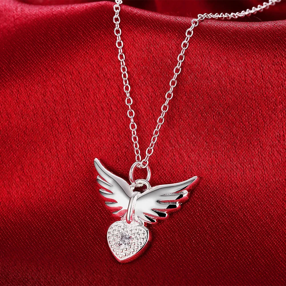 925 Sterling Silver 18 Inches Zircon Elegant Heart Wings Pendant Necklac Jewelry