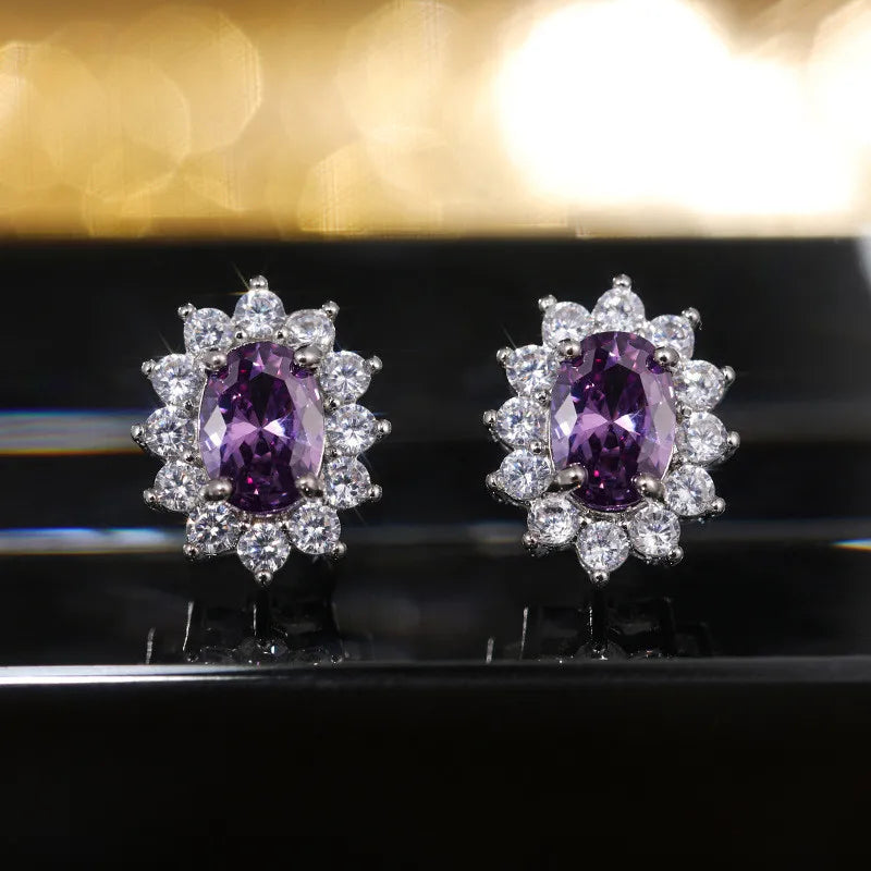 New 925 Sterling Silver Pure Zircon Birthstone Sunflower Shape Stud Earrings Oval Luxury Fine Jewelry