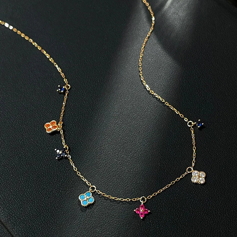 925 Sterling Silver Colorful AAA CZ Gold Color Clover Necklace Elegant Pendant Jewelry for Women Valentine'S Day Gift