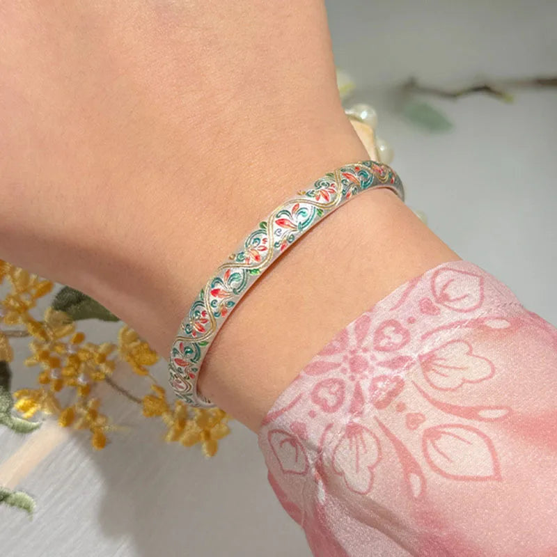 Sterling Silver 925 Flower Charm Cuff Bangle Bracelet Exquisite Jewelry