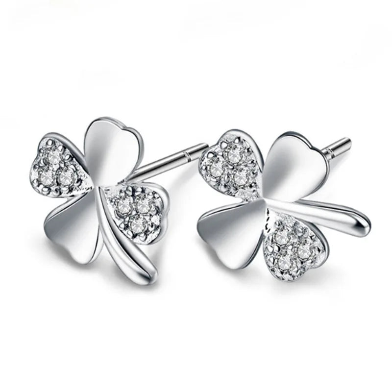 New 925 Sterling Silver Zircon Lucky 4 Leaf Clover Stud Earrings Fine Jewelry
