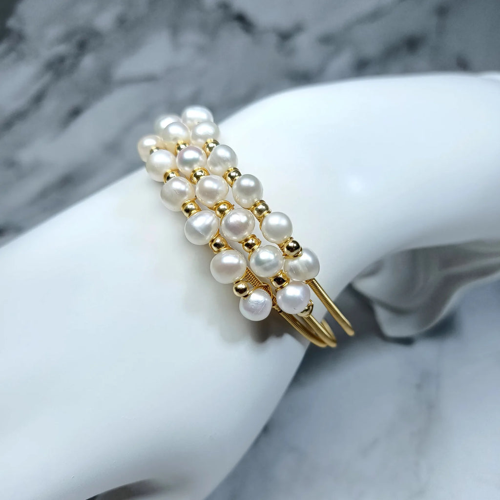 High Quality 100% Natural Freshwater Pearl 14K Gold Filled Three Layers Bangle Bracelet