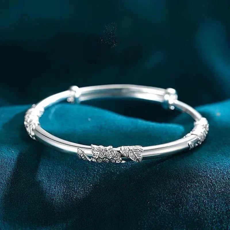 New 925 Sterling Silver Delicate Flowers Bangle Bracelet