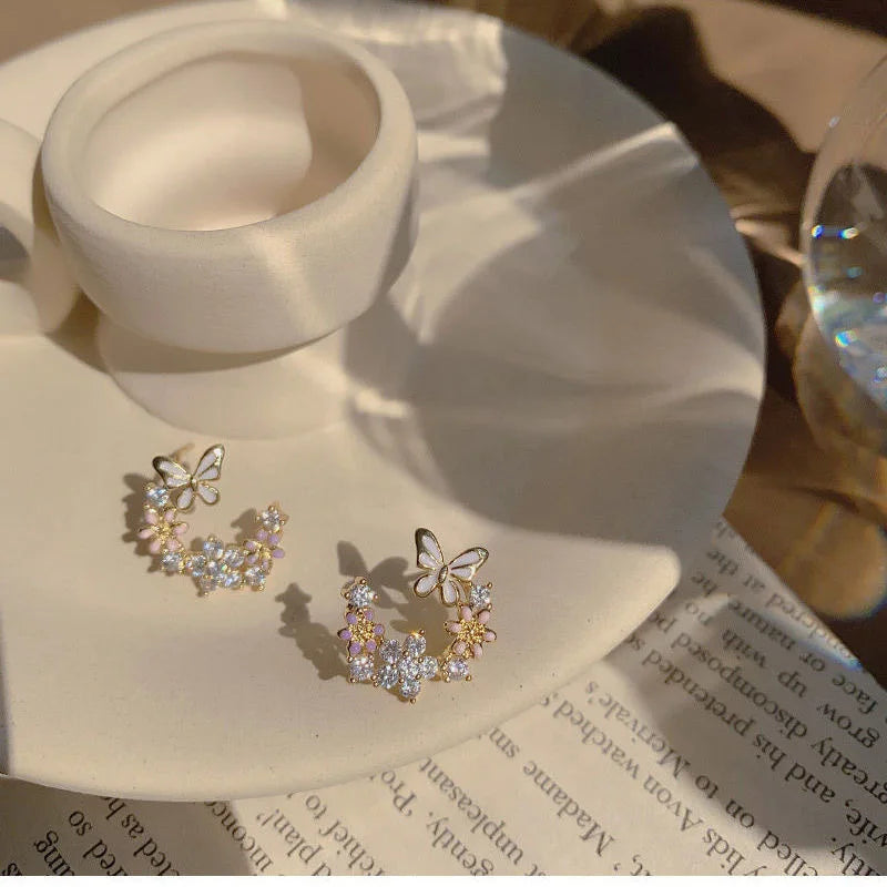 New Exquisite S925 Silver 18k Gold Filled Zircon Stone Flower Butterfly Earrings Fine Jewelry