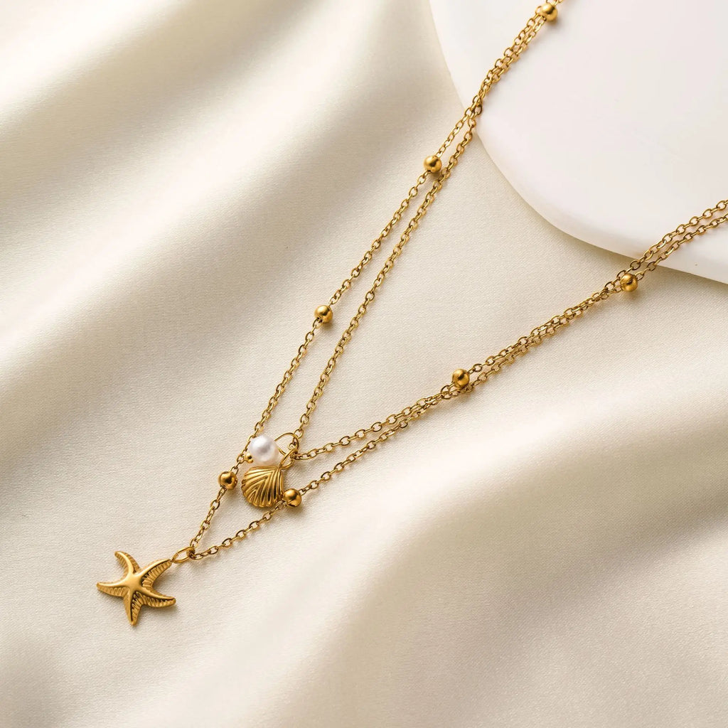 Fashion Starfish Shell Pearl Necklace Stainless Steel Gold Double Layered Beads Chain Jewelry