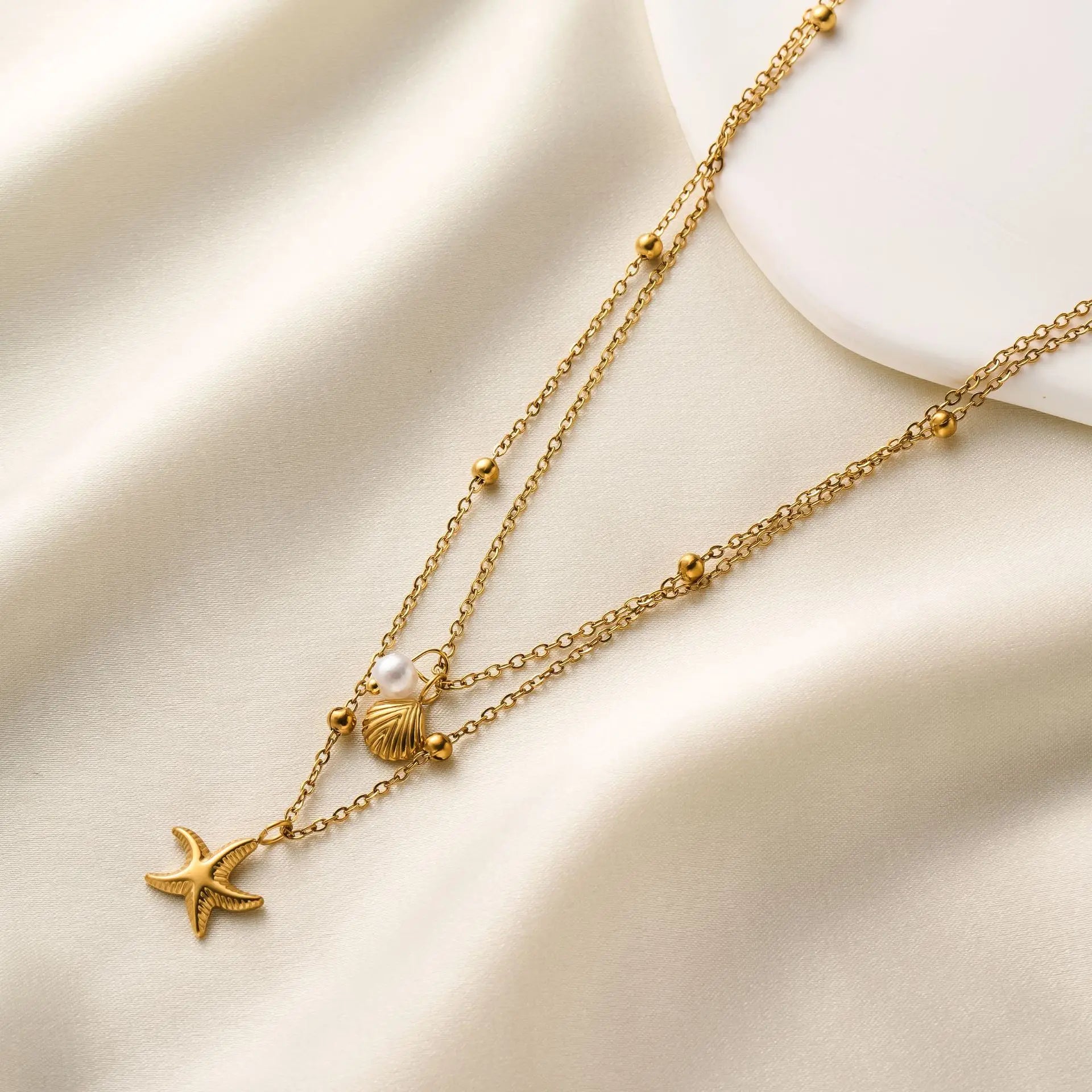 Fashion Starfish Shell Pearl Necklace Stainless Steel Gold Double Layered Beads Chain Jewelry
