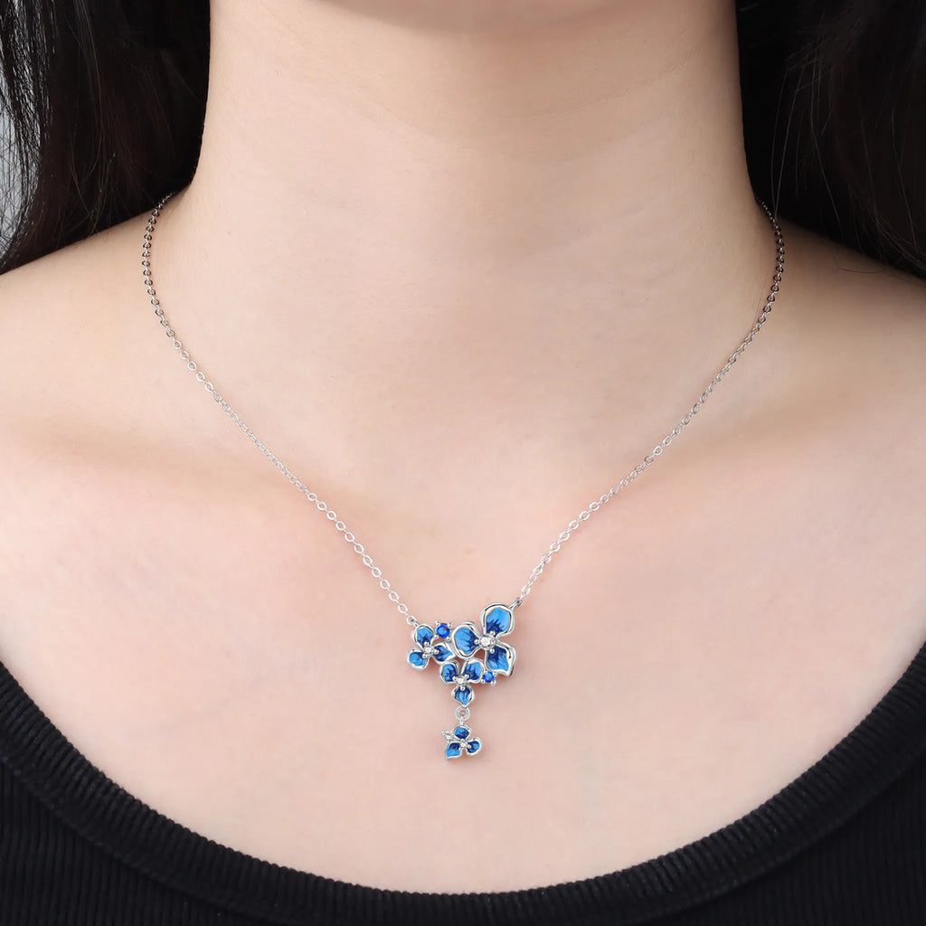 Fine 925 Sterling Silver Blue Iris Flower Pendant Necklace Jewelry