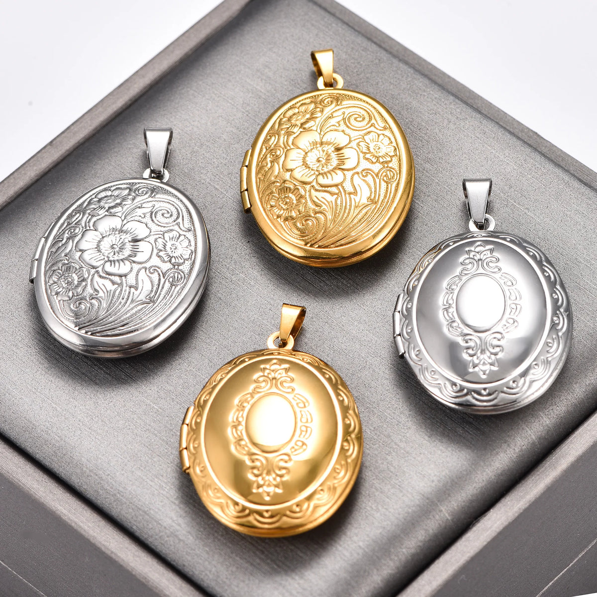 Carved Floral Stainless Steel Egg Photo Locket Pendant Necklace for Women Men Openable Picture Frame Charms Chain Metal Jewelry
