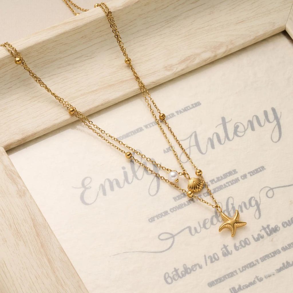Fashion Starfish Shell Pearl Necklace Stainless Steel Gold Double Layered Beads Chain Jewelry