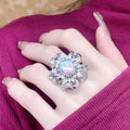 Solid 925 Sterling Silver Luxury Moonstone Opal Zircon Big Flower Open Ring Fine Jewelry