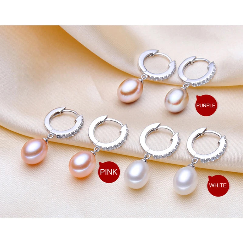 Natural Choice of Color Real Pearl Drop Hoop Earrings 925 Silver Earrings Jewelry