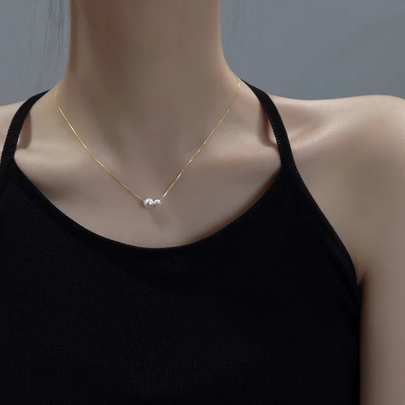 Fine 925 Sterling Silver 18k Gold Plated Two Pearl Pendant Necklace Jewelry