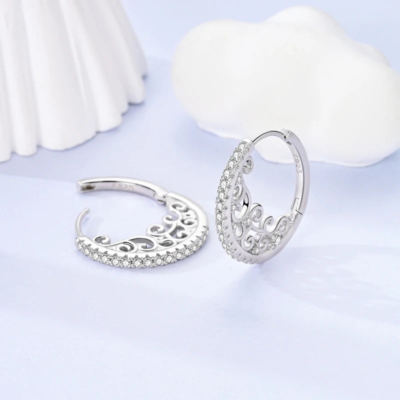 New 925 Sterling Silver Zircon Stone Vintage Floral and Stone Hoop Earrings Fine Jewelry