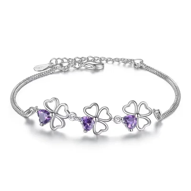 NEW Fine 925 Sterling Silver Purple Zircon Crystal Lucky 4 Leaf Clover Bracelet