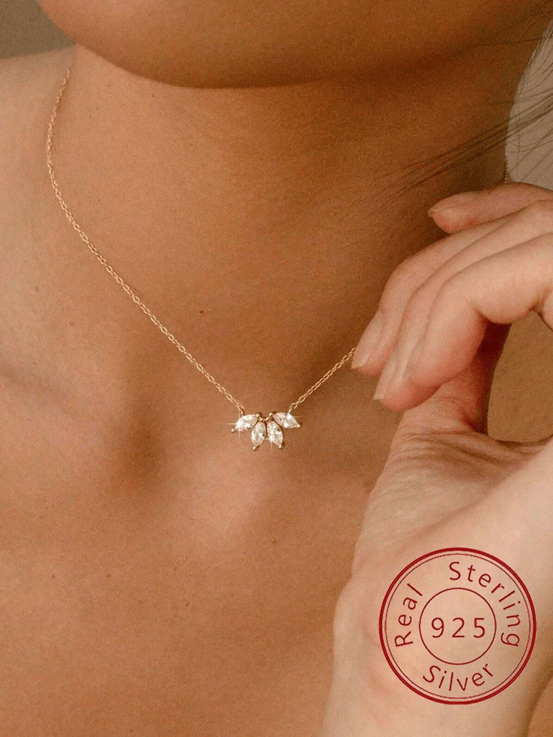 925 Sterling Silver Classic Gorgeous Marquise Zircon Golden Crown Necklace High Quality Fine Jewelry