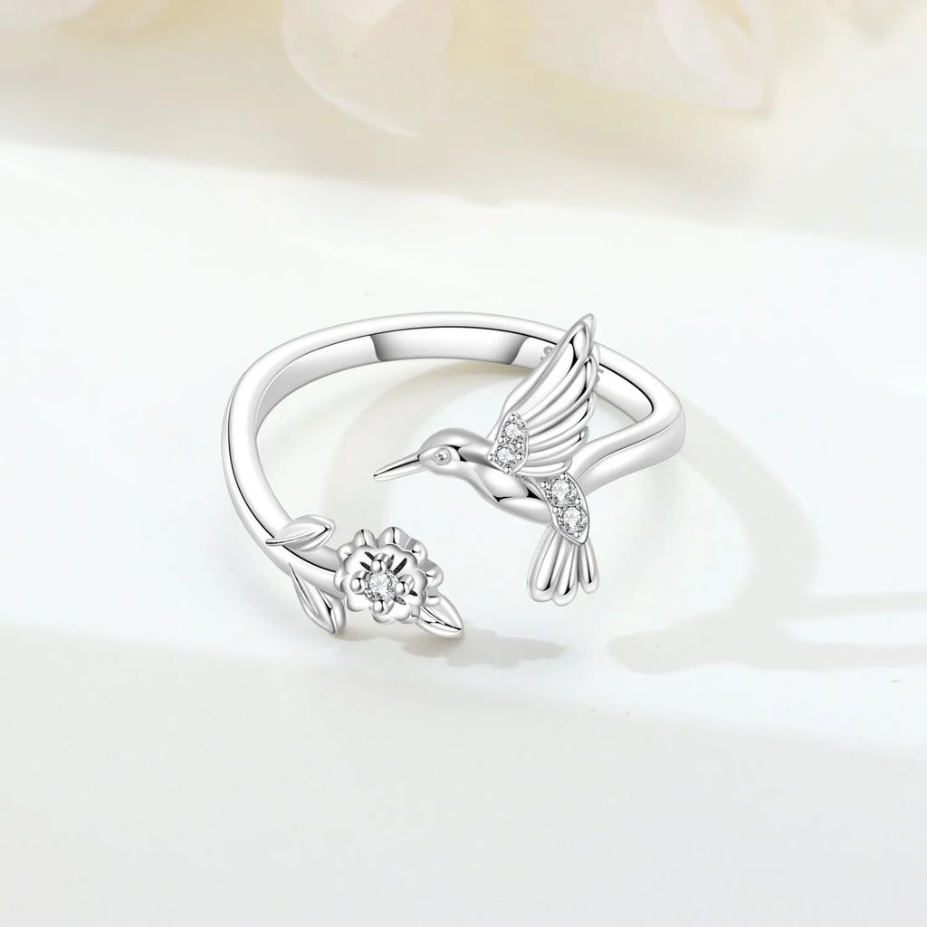 S925 Sterling Silver Humming Bird Flower Adjustable Ring Fine Jewelry
