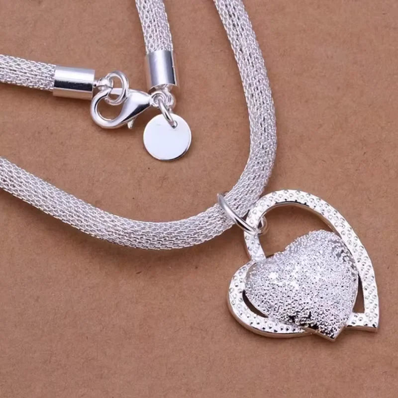925 Sterling Silver Gorgeous Heart Charm Love Necklace Jewelry